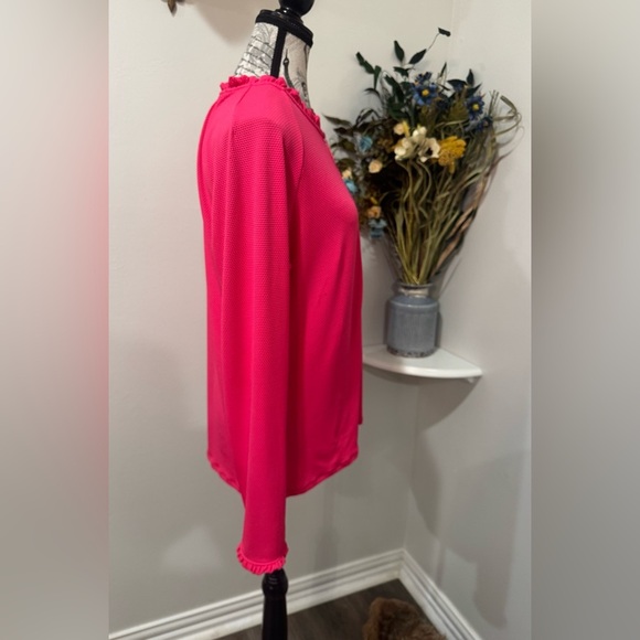 Beach House Pink Long Sleeve Button Down Shirt with ruffled Mandarin Collar - Picture 3 of 8